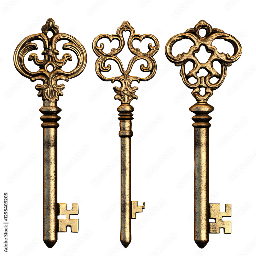 3 golden antique keys, transparent background 3 golden antique keys, transparent background