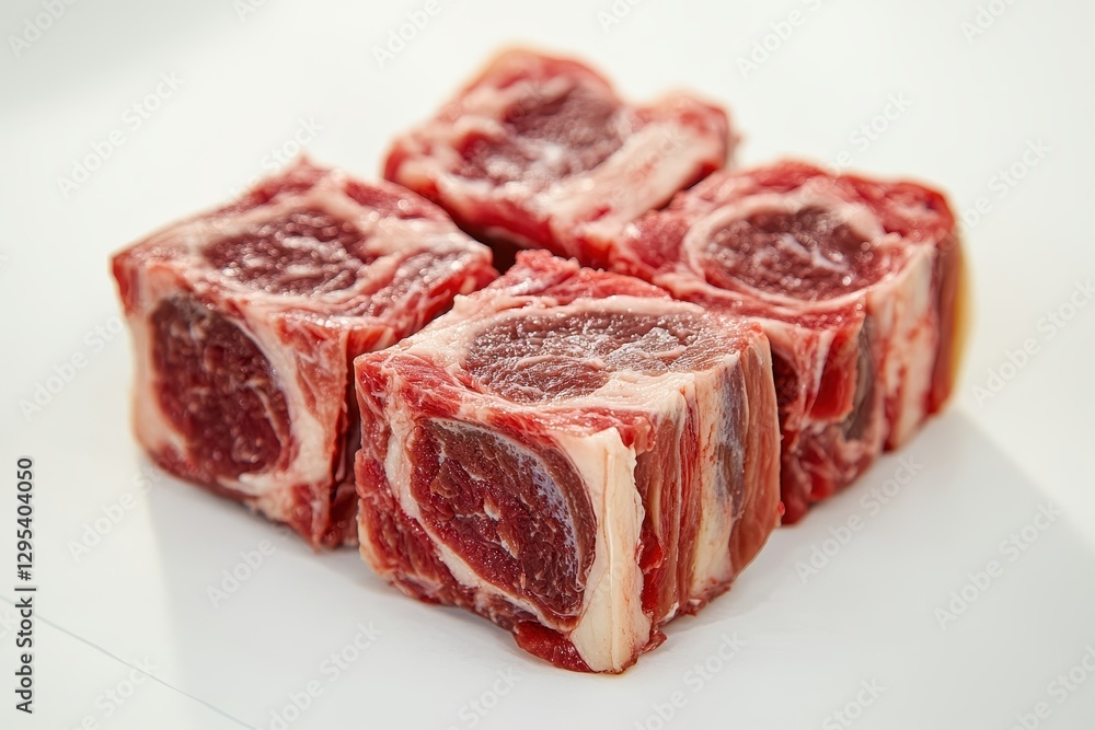 Four cubes of raw beef, marbled and rich red. Perfect for recipes showcasing succulent meat dishes. Four cubes of raw beef, marbled and rich red. Perfect for recipes showcasing succulent meat dishes.