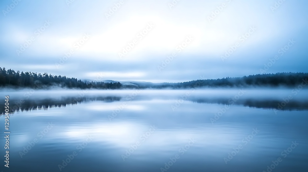 Fototapeta premium Mist Covering Calm Lake Surface With Reflected Tree Line Details