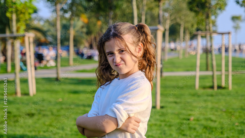 A little girl child standing in a wooded park on a spring day, looking at the camera with a grumpy expression A little girl child standing in a wooded park on a spring day, looking at the camera with a grumpy expression