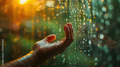 A hand reaching out to touch a raindrop on a window, capturing the beauty of nature in a moment of solitude