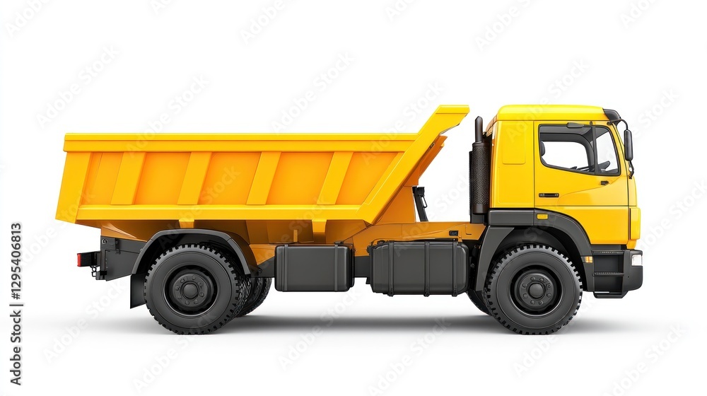 Yellow dump truck side profile on white background