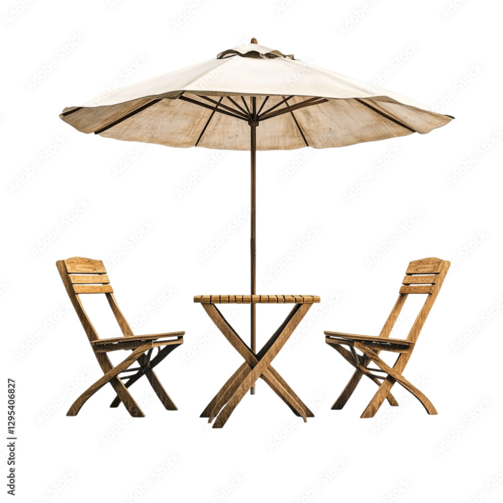 Fototapeta premium Wooden Patio Set Under Umbrella Colorful Background,
