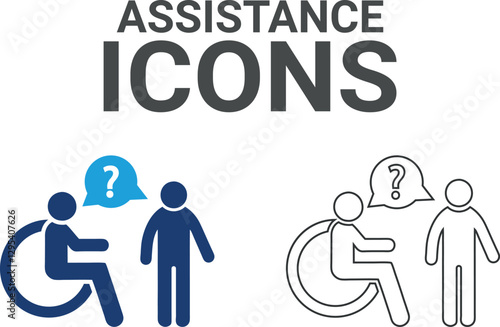 Assistance icons. Containing wheelchair, accessibility, blind, broken leg, disabled, assistance and deafness icons. Solid icon collection. Vector illustration.