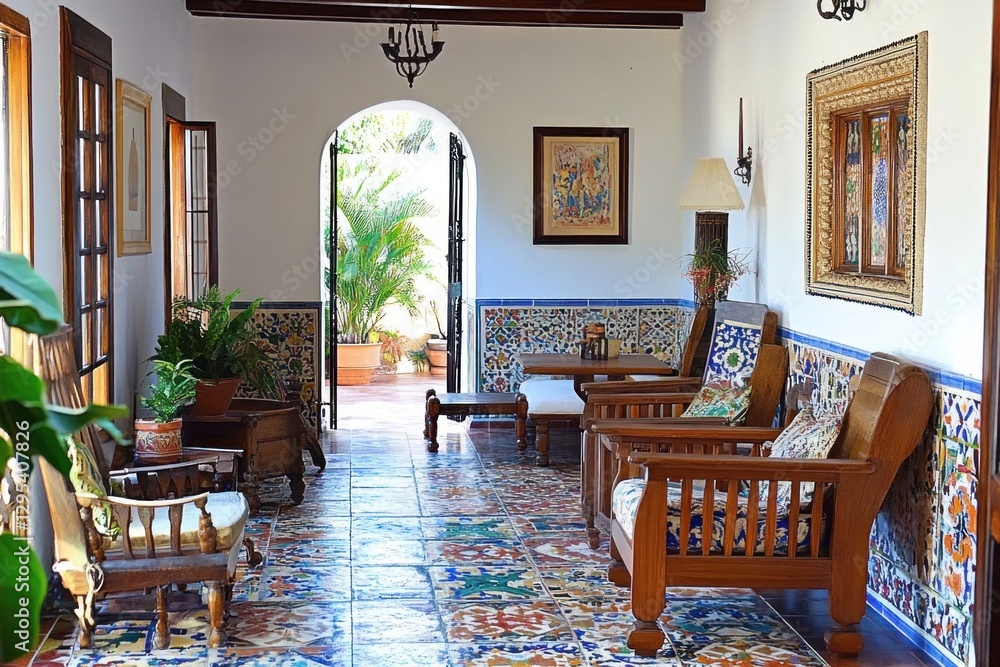 Fototapeta premium Spanish Colonial Courtyard Lounge Area; Peaceful Relaxation