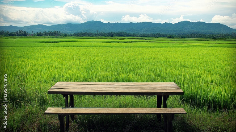 Wooden picnic bench in green rice field with mountain background Wooden picnic bench in green rice field with mountain background