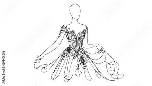 Continuous one single minimal line drawing bride dress