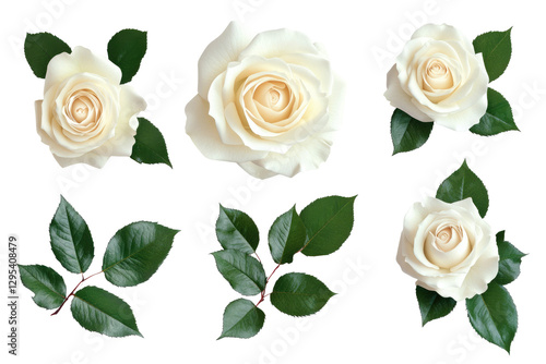 Fototapeta Naklejka Na Ścianę i Meble -  set of beautiful white roses with lush green leaves isolated on white or transparent background