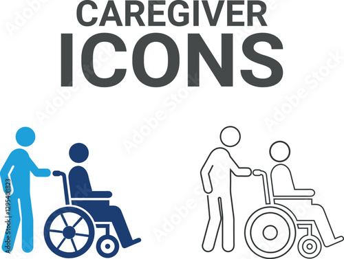 Caregiver icons. Containing wheelchair, accessibility, blind, broken leg, disabled, assistance and deafness icons. Solid icon collection. Vector illustration.
