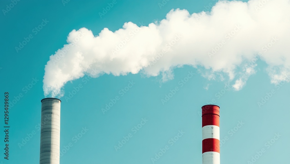 A clear sky with smokestacks emitting white steam against the backdrop of a light blue sky, symbolizing air pollution and environmental protection. A clear sky with smokestacks emitting white steam against the backdrop of a light blue sky, symbolizing air pollution and environmental protection.