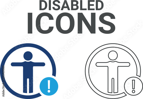 Disabled icons. Containing wheelchair, accessibility, blind, broken leg, disabled, assistance and deafness icons. Solid icon collection. Vector illustration.