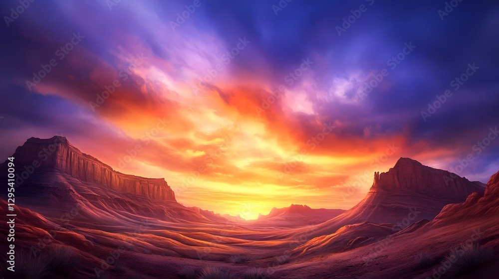 Naklejka premium A breathtaking sunset illuminates the sky, casting vibrant colors over rugged mountains and a serene valley below, creating a peaceful and majestic landscape.