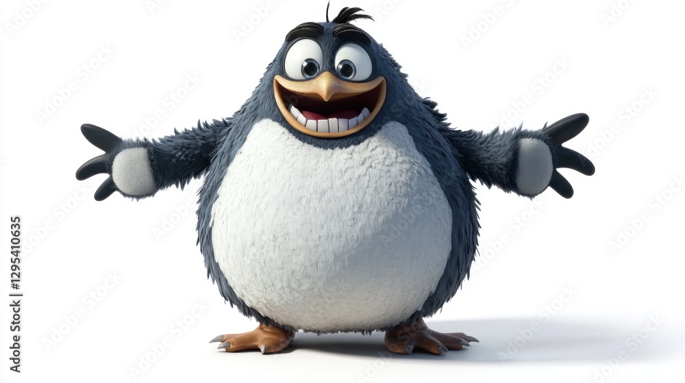 Obraz premium Happy blue bird character welcomes, white background