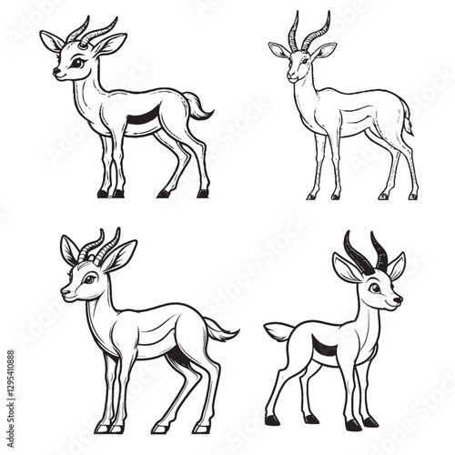 "High-Quality Cute Cartoonic Springbok Standing Pose Outline Vector Illustrations"