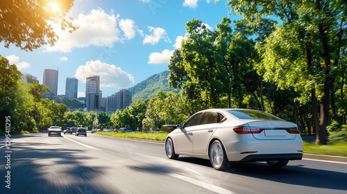 Pollution air solutions for a cleaner world. A car driving on a scenic road with trees and a city skyline.