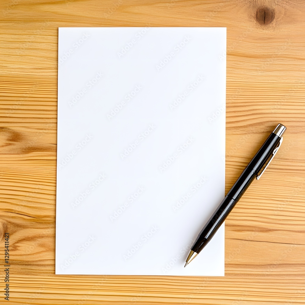 Clean White Sheet of Paper and Black Pen on Wooden Table Surface Clean White Sheet of Paper and Black Pen on Wooden Table Surface