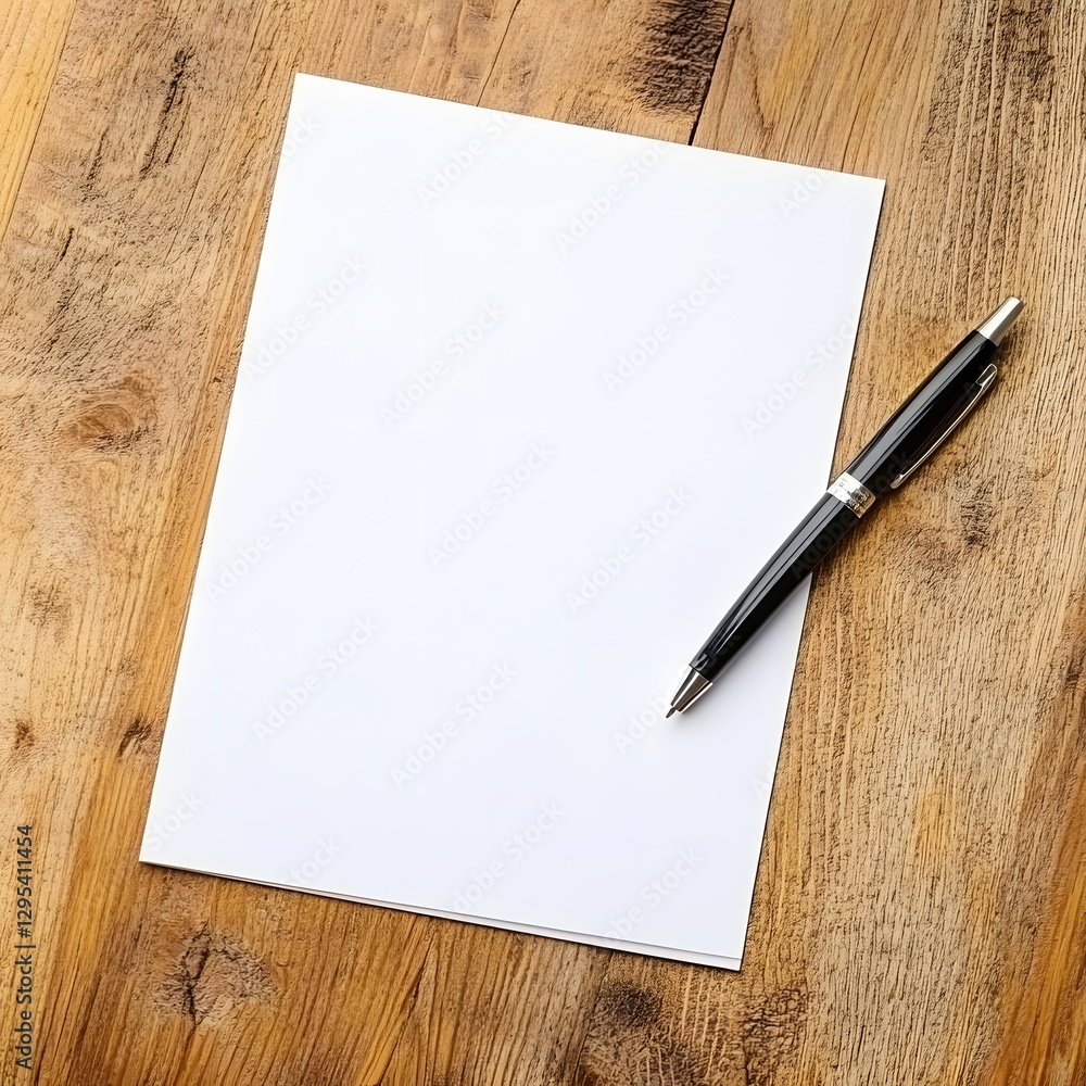 Blank Sheet of Paper and Black Pen on Wooden Table Surface Blank Sheet of Paper and Black Pen on Wooden Table Surface