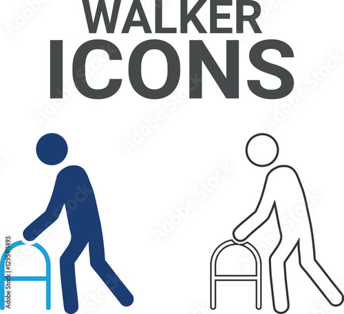Walker icons. Containing wheelchair, accessibility, blind, broken leg, disabled, assistance and deafness icons. Solid icon collection. Vector illustration.