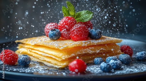 Sweet Crepes Stacked High with Berries, Powdered Sugar, and Splashing photo