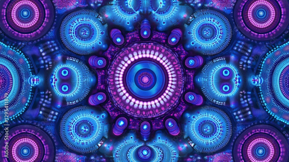 Intricate symmetrical pattern with detailed circles in shades of blue and pink Intricate symmetrical pattern with detailed circles in shades of blue and pink