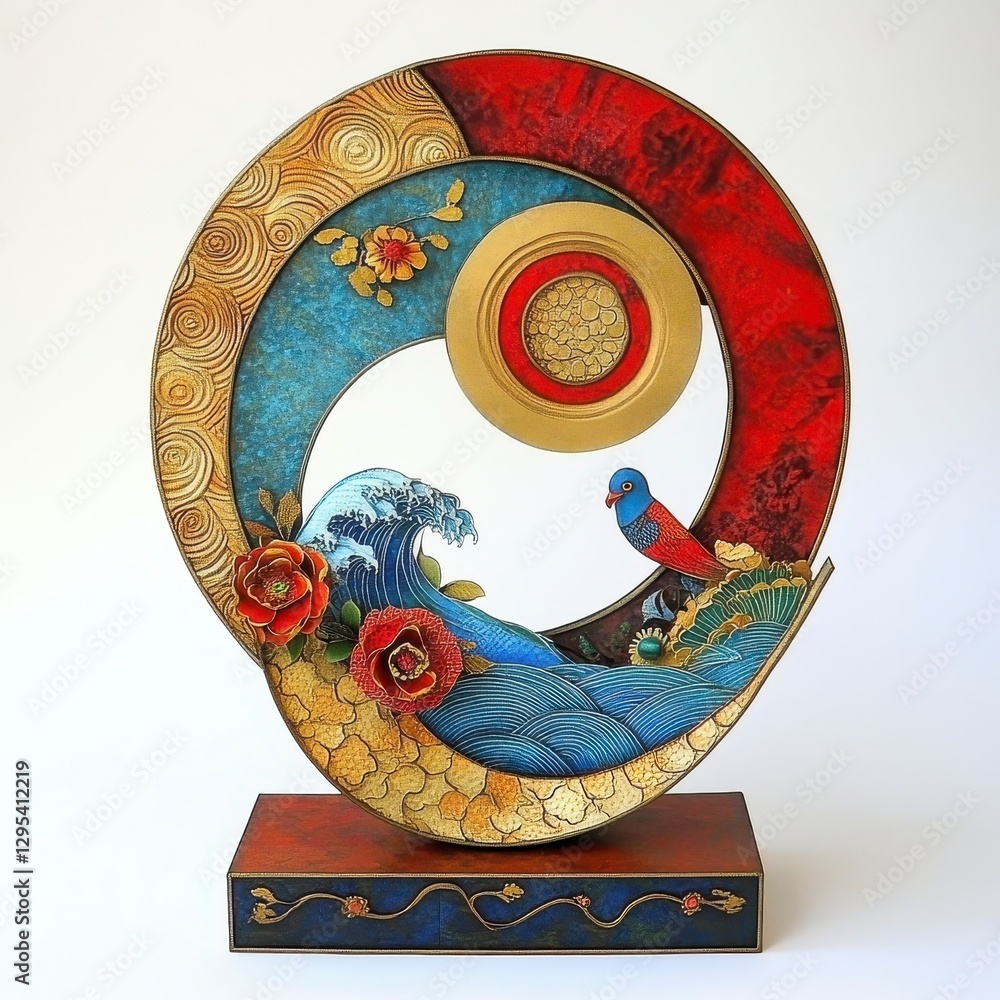 Naklejka premium Circular Abstract Sculpture with Stylized Waves and Bird