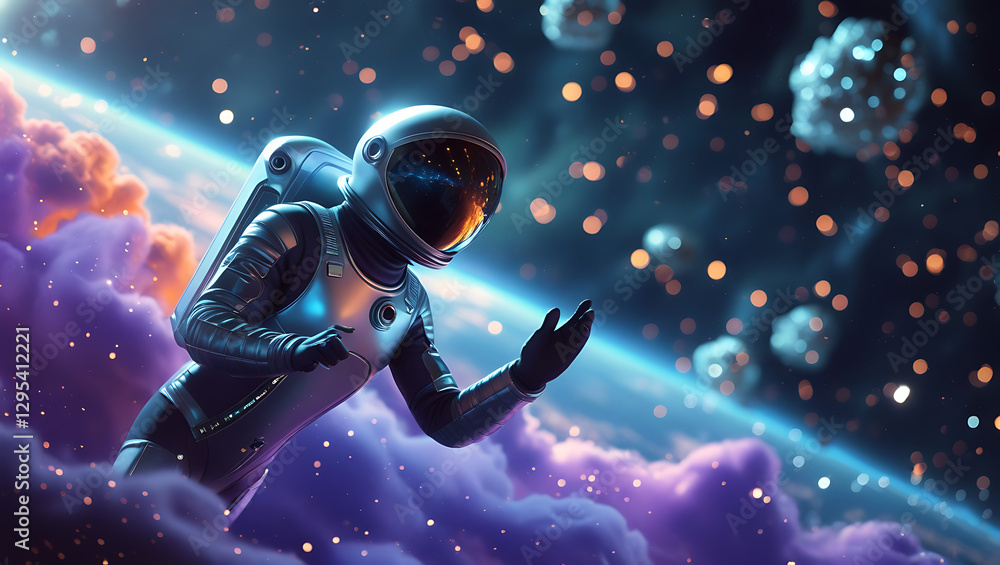 A mesmerizing visual representation Spaceman and planet, human in space, shimmering effects that give the impression of depth and dimensionality, created by generative ai A mesmerizing visual representation Spaceman and planet, human in space, shimmering effects that give the impression of depth and dimensionality, created by generative ai