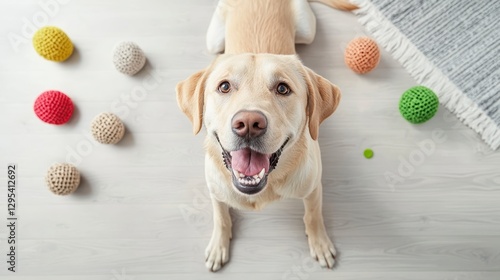 Happy Yellow Labrador and Colorful Crocheted Pet Toys on Wooden Floor
