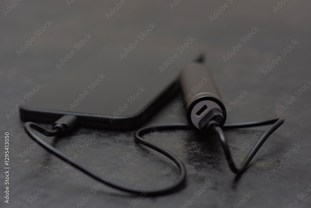 Black smartphone is charging from a black portable power bank on a dark textured surface. Black smartphone is charging from a black portable power bank on a dark textured surface.