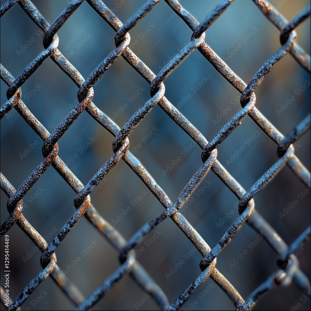 Fototapeta premium Industrial Strength: Metal Chain Links in Focus, chain link fence with barbed wire