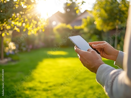 Man uses phone in sunny garden