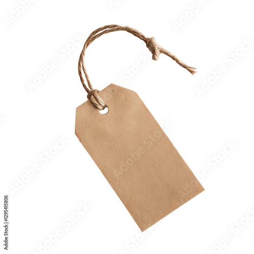 A closeup shot of a blank, brown kraft paper tag tied with natural jute twine. The tag has a hole for easy attachment. Perfect for labeling or gifting.