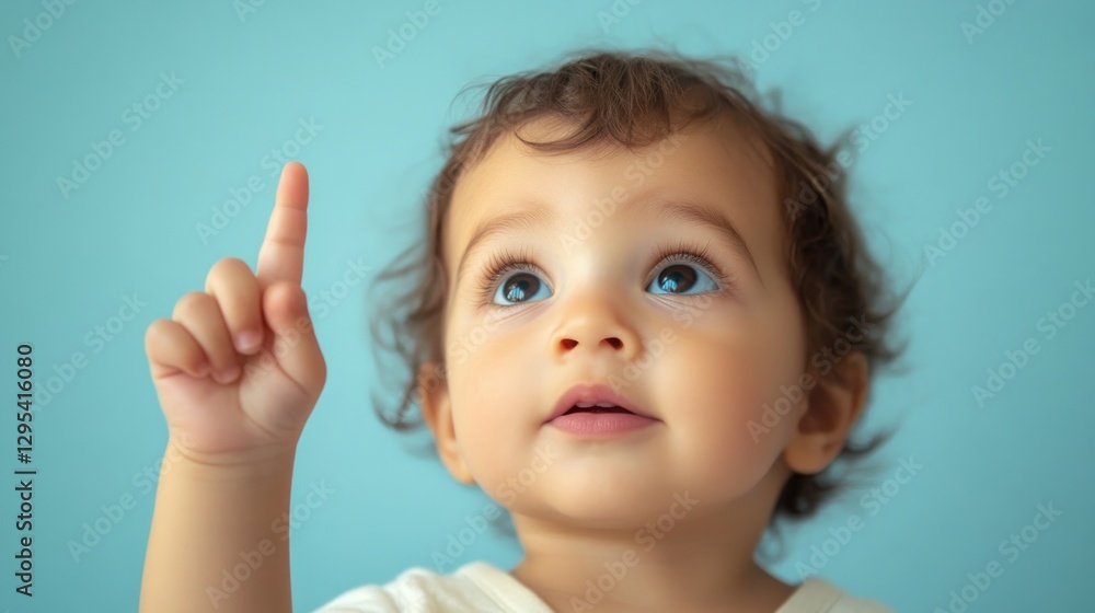 Toddler pointing up, blue background, curious expression Toddler pointing up, blue background, curious expression