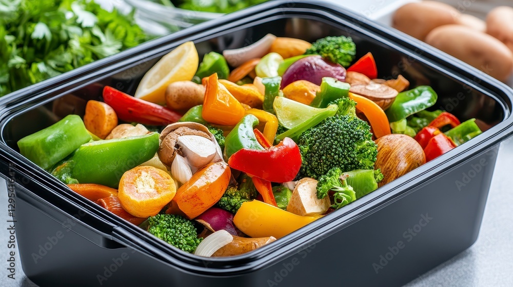 Colorful Fresh Vegetables in a Black Takeout Container on Table Colorful Fresh Vegetables in a Black Takeout Container on Table