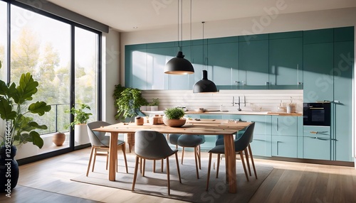 Modern Teal Kitchen Dining Room Interior - Biophilic Design (plants.