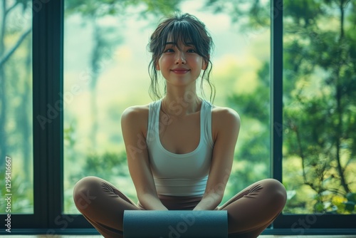 Free Download Young Asian Woman Practicing Mindfulness in a Serene Nature-Inspired Indoor Setting, Sitting Cross-Legged on a Yoga Mat with a Tranquil Expression - GFXLoad
