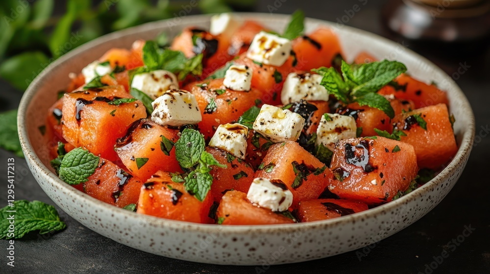 Watermelon feta mint salad with balsamic glaze on dark table Watermelon feta mint salad with balsamic glaze on dark table