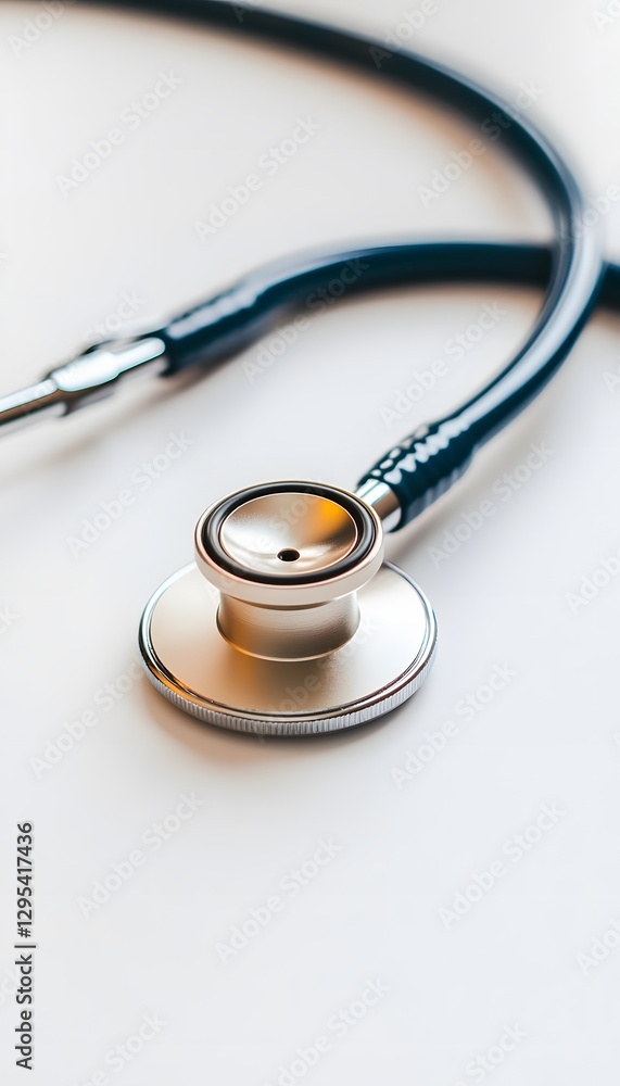A modern stethoscope rests on a pristine white surface A modern stethoscope rests on a pristine white surface
