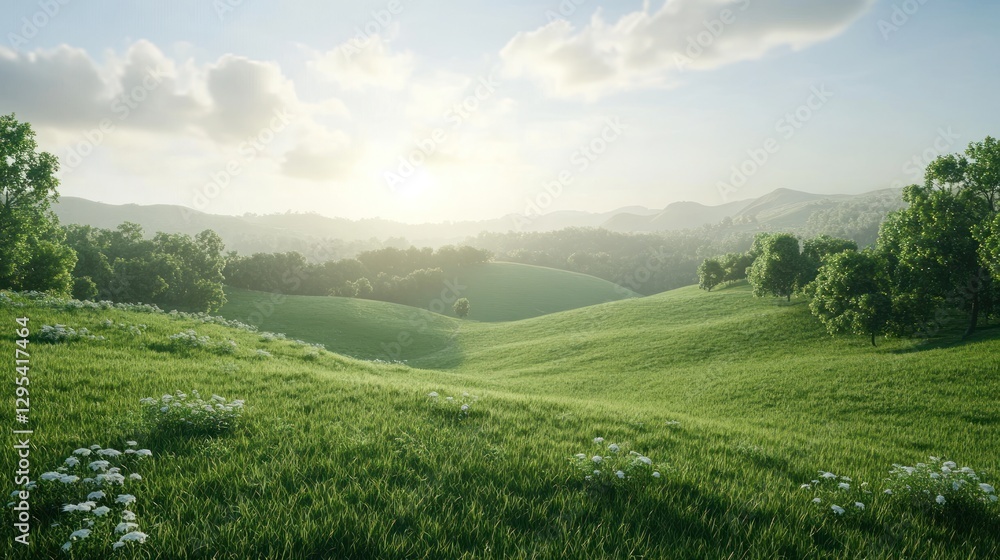 Rolling green hills covered in grass and trees under sunlight Rolling green hills covered in grass and trees under sunlight
