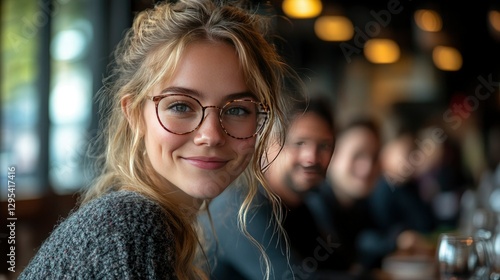 Young Woman with Glasses Smiling in a Cafe