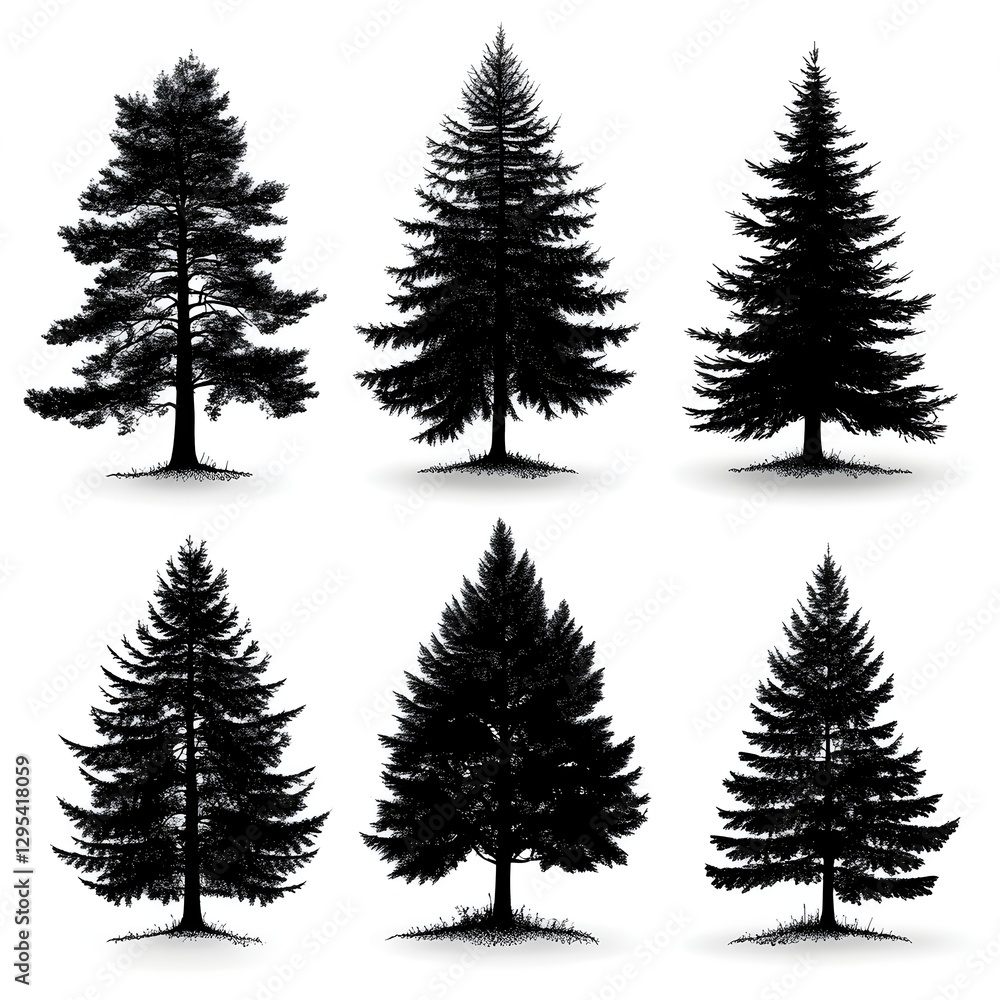 Fototapeta premium Set featuring black silhouettes of fir trees designed for creative and graphic purposes