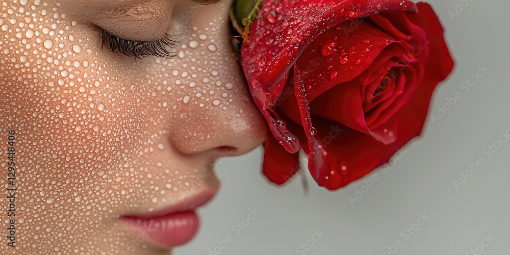 Fototapeta premium Silvery dewdrops resting on a velvety red rose in soft morning light