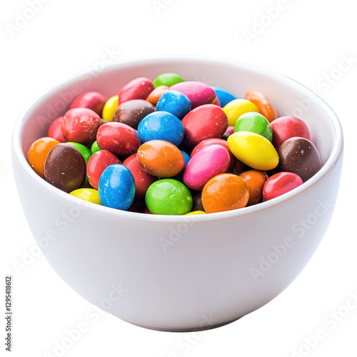white bowl with colorful candy coated chocolates isolated on white or transparent background