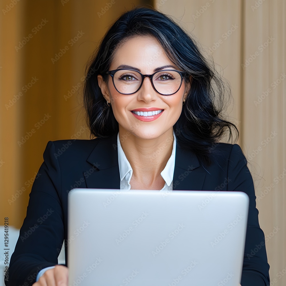 Professional Smiling Woman Working on Laptop in Modern Office Setting Professional Smiling Woman Working on Laptop in Modern Office Setting