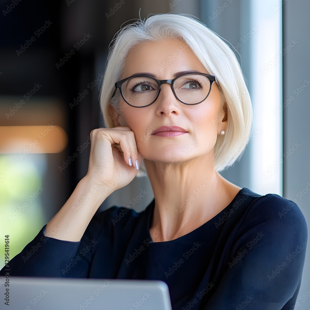Thoughtful woman with glasses looking out window in modern office Thoughtful woman with glasses looking out window in modern office