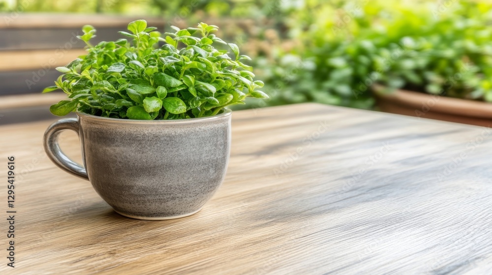 Grey Mug with Fresh Herbs on Wooden Table Grey Mug with Fresh Herbs on Wooden Table