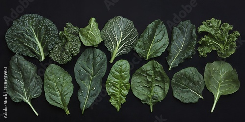 多種多様な緑の葉野菜が並ぶフレッシュなディスプレイ | Fresh Assorted Green Leafy Vegetables Display photo