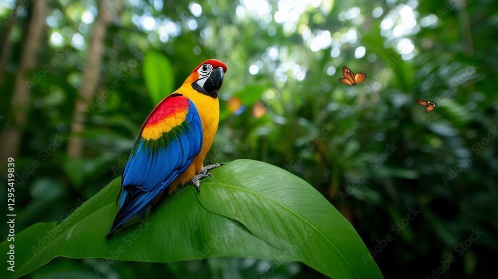 Fototapeta premium Brightly Colored Parrot Perched on Leaf in Lush Tropical Environment