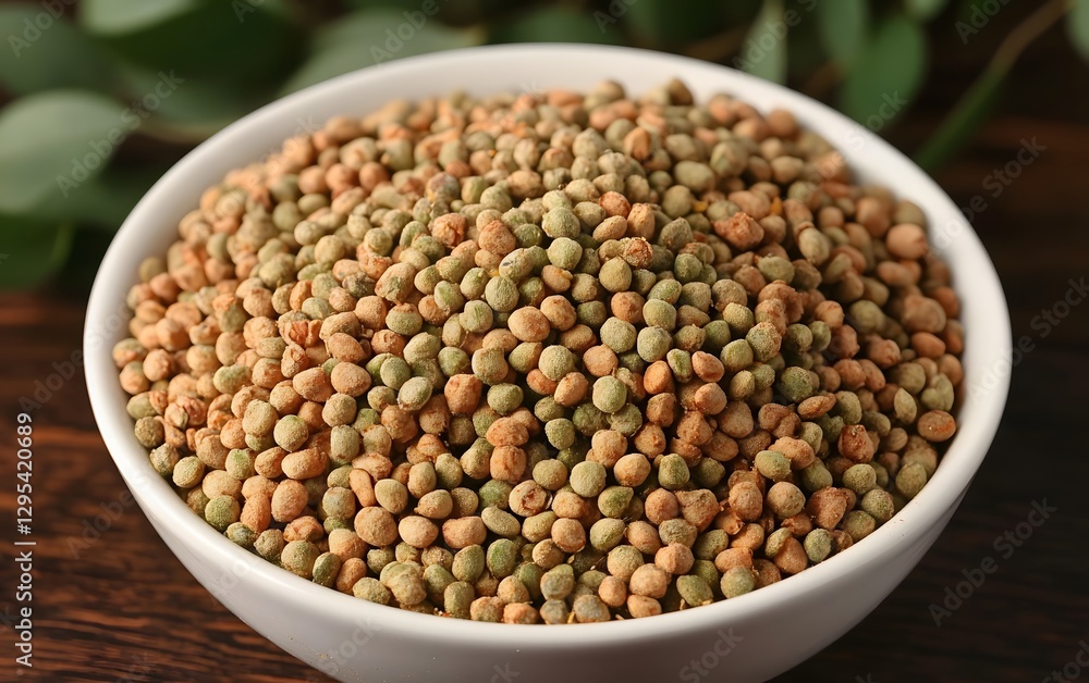 Roasted Green Peppercorns in White Bowl Close Up Roasted Green Peppercorns in White Bowl Close Up