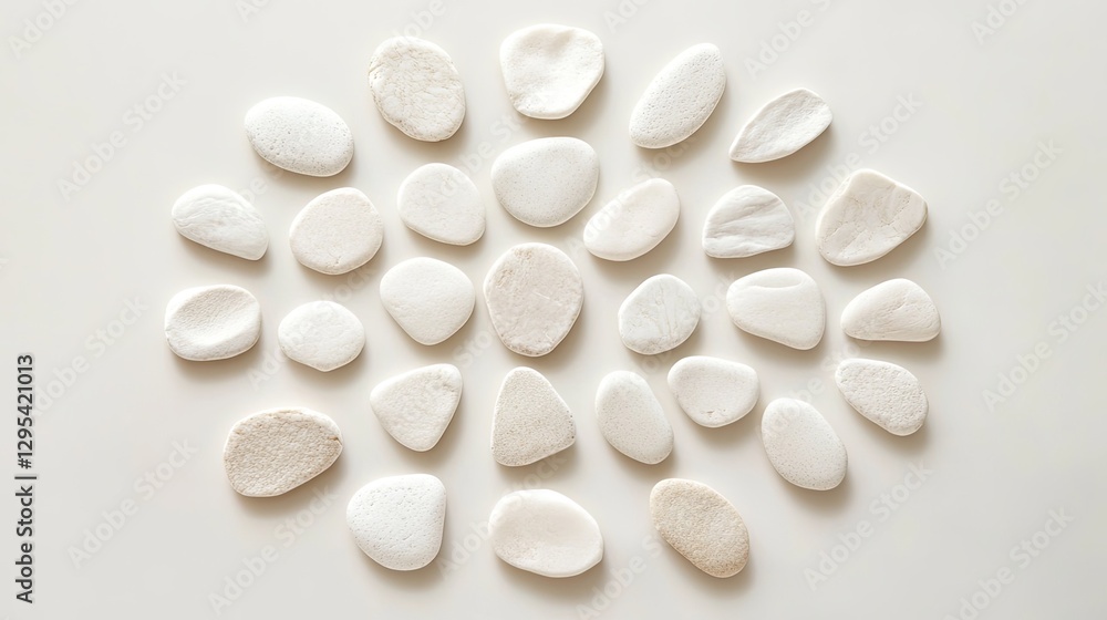 A clean flat lay of smooth white pebbles arranged in concentric circles on a neutral background. picture