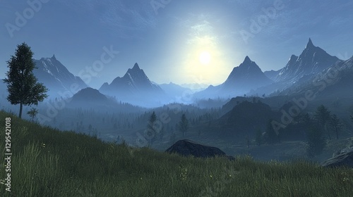 Fototapeta Naklejka Na Ścianę i Meble -  A serene mountain range with glowing light outlining the peaks under a soft blue sky. picture